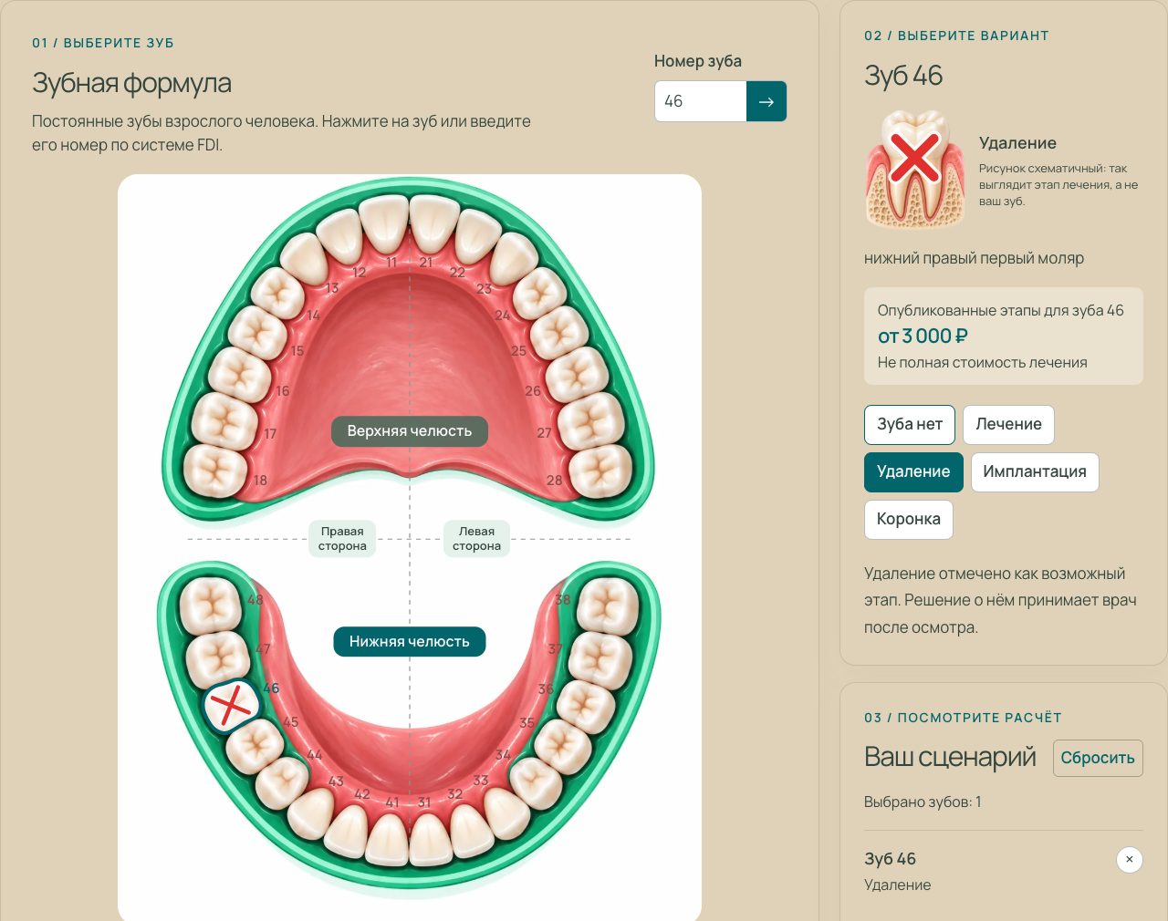 Dental chart: tooth 46 marked for extraction with a red cross